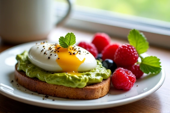 Imagen de un desayuno saludable con aguacate y tostadas