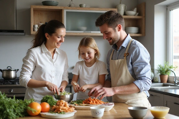 Familia feliz cocinando juntos