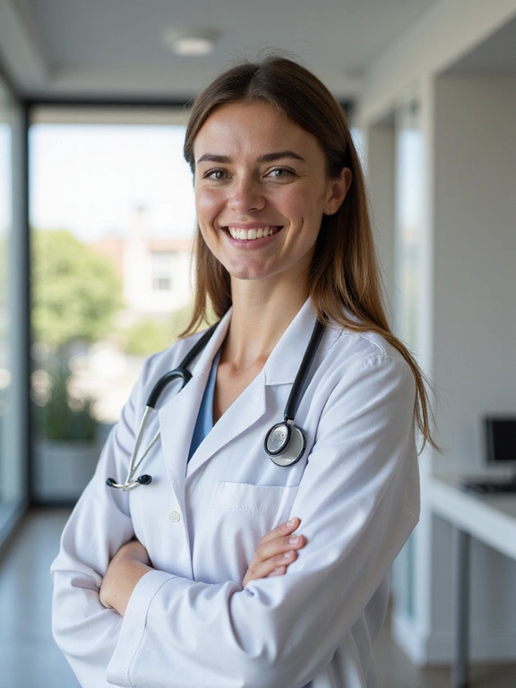 Fotografía profesional de una nutricionista sonriente y amable, vestida con ropa profesional en un entorno clínico o de oficina moderno.